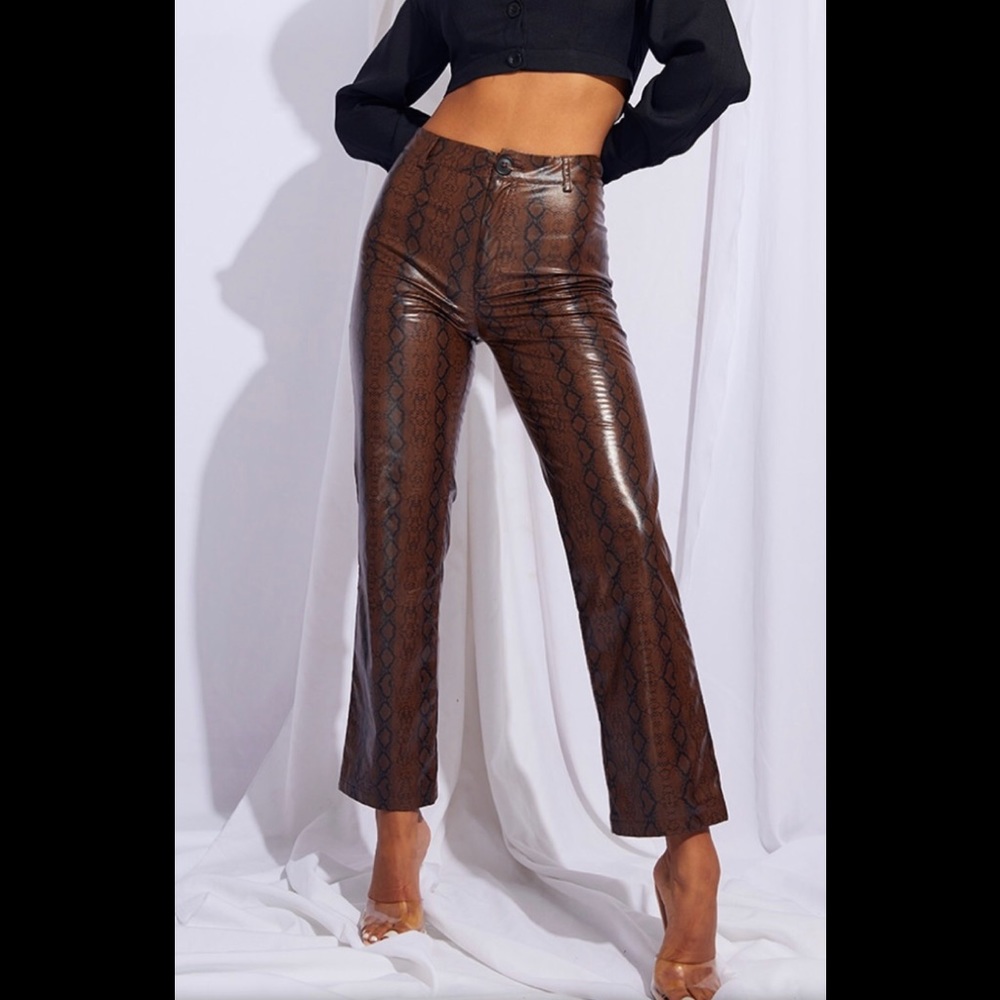 Brown Faux Leather Snake Print Cropped Pants